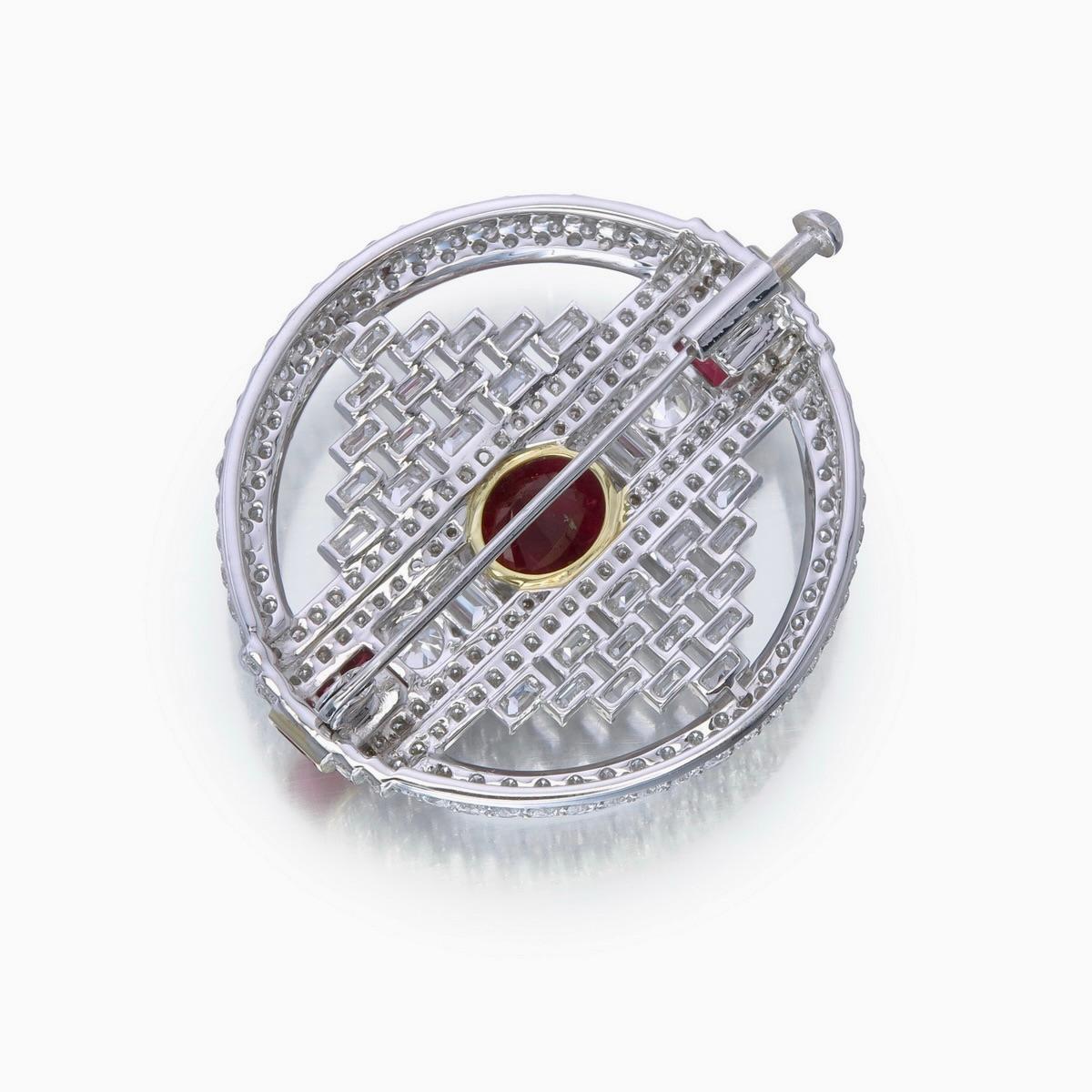 Modern GIA Certified 3.83 Carat Burmese Ruby No Heat Pigeon Blood Diamond Brooch For Sale