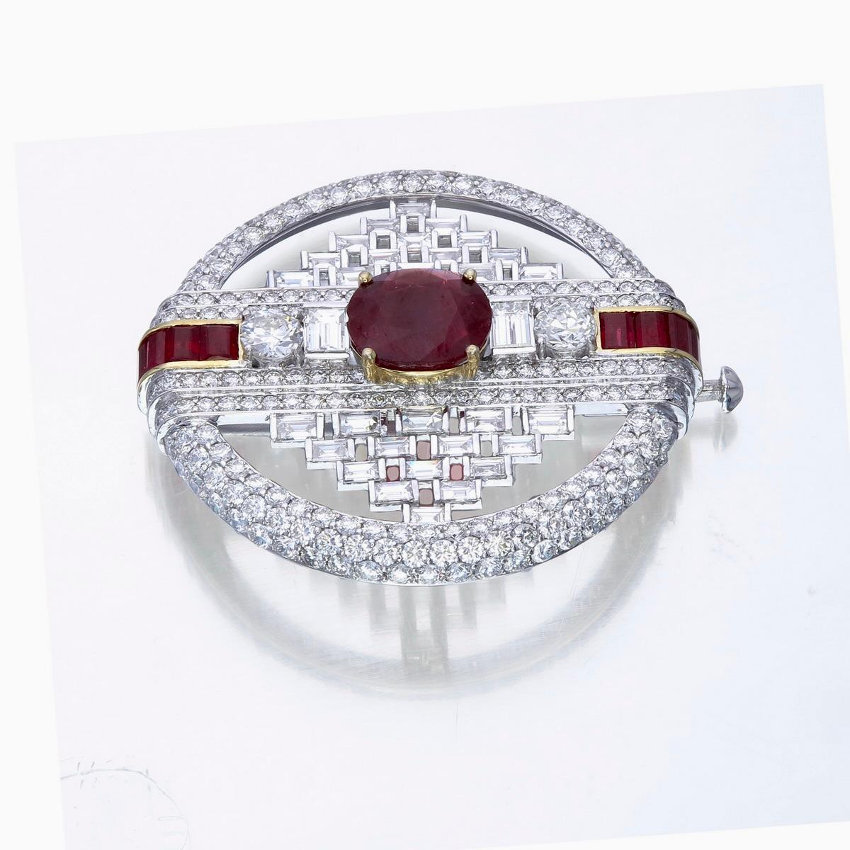 Round Cut GIA Certified 3.83 Carat Burmese Ruby No Heat Pigeon Blood Diamond Brooch For Sale