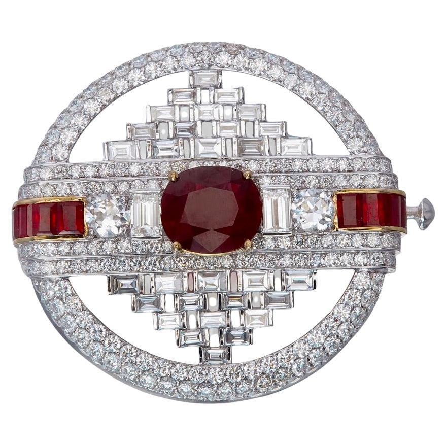 GIA Certified 3.83 Carat Burmese Ruby No Heat Pigeon Blood Diamond Brooch