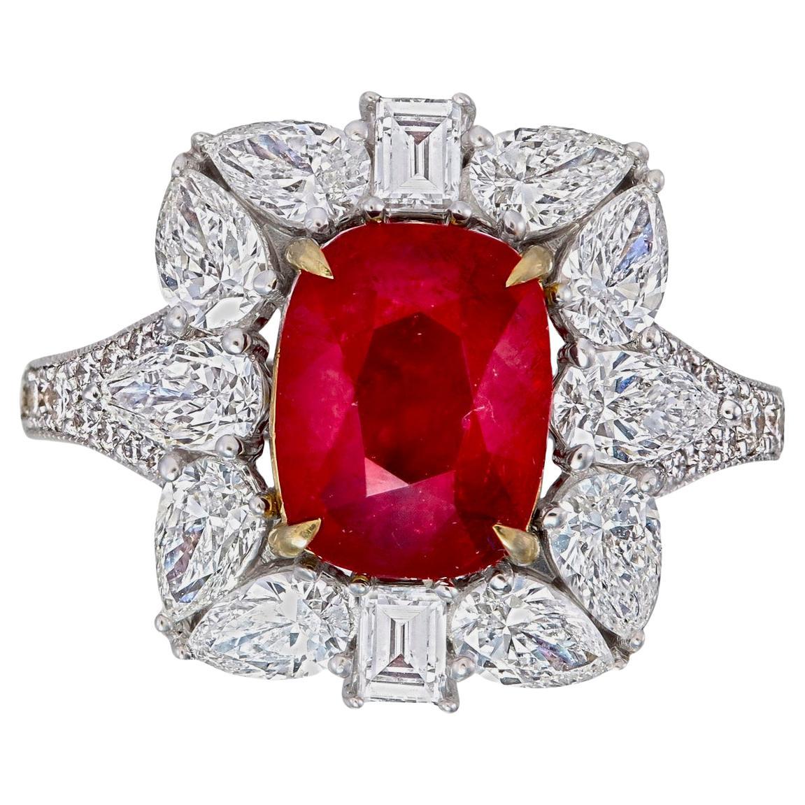 GIA Certified 3.86 Carat Burmese No Heat Ruby And Diamond Ring In 18K White Gold For Sale