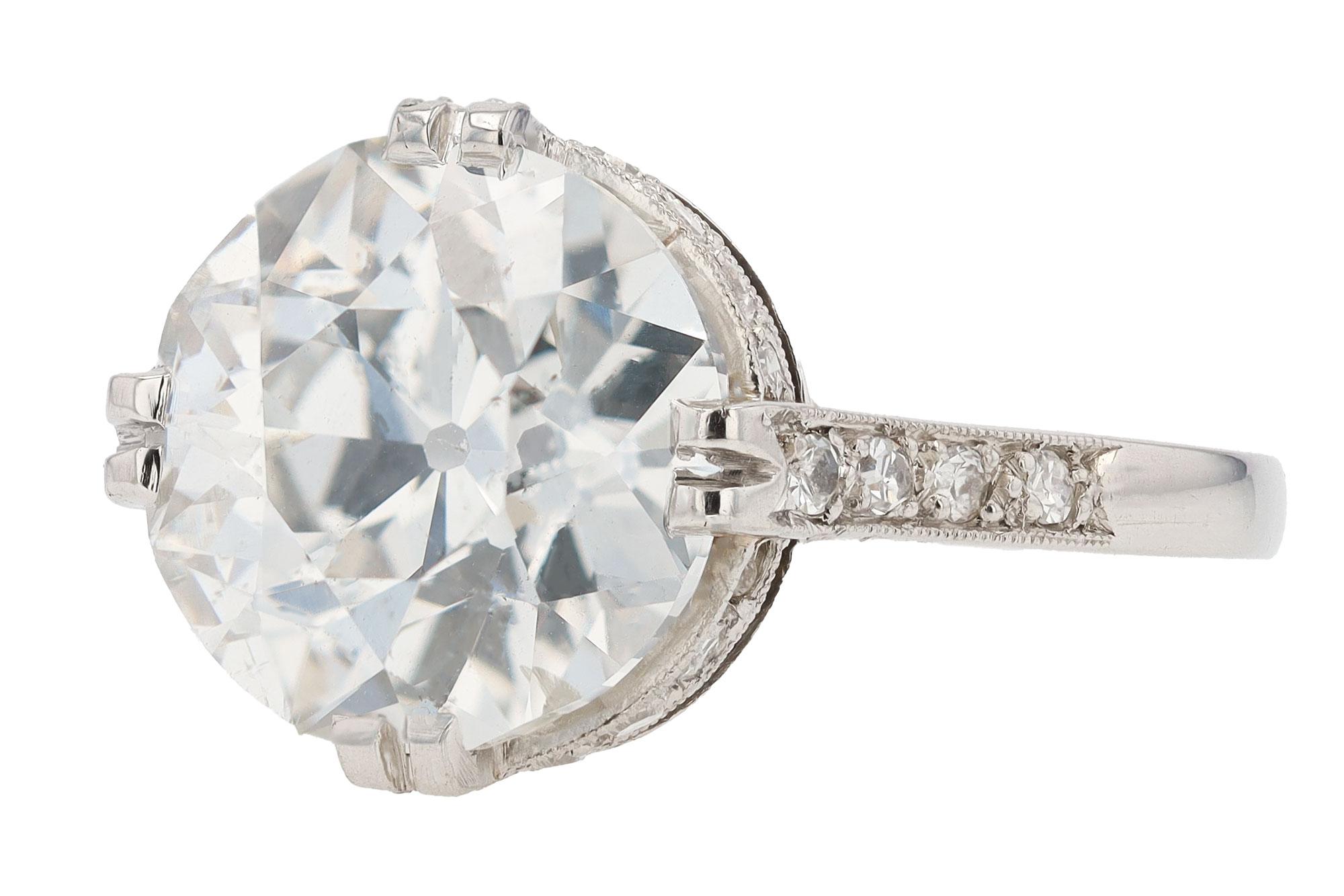 GIA Certified 3.86 Carat European Cut Diamond Art Deco Engagement Ring In Good Condition For Sale In Santa Barbara, CA