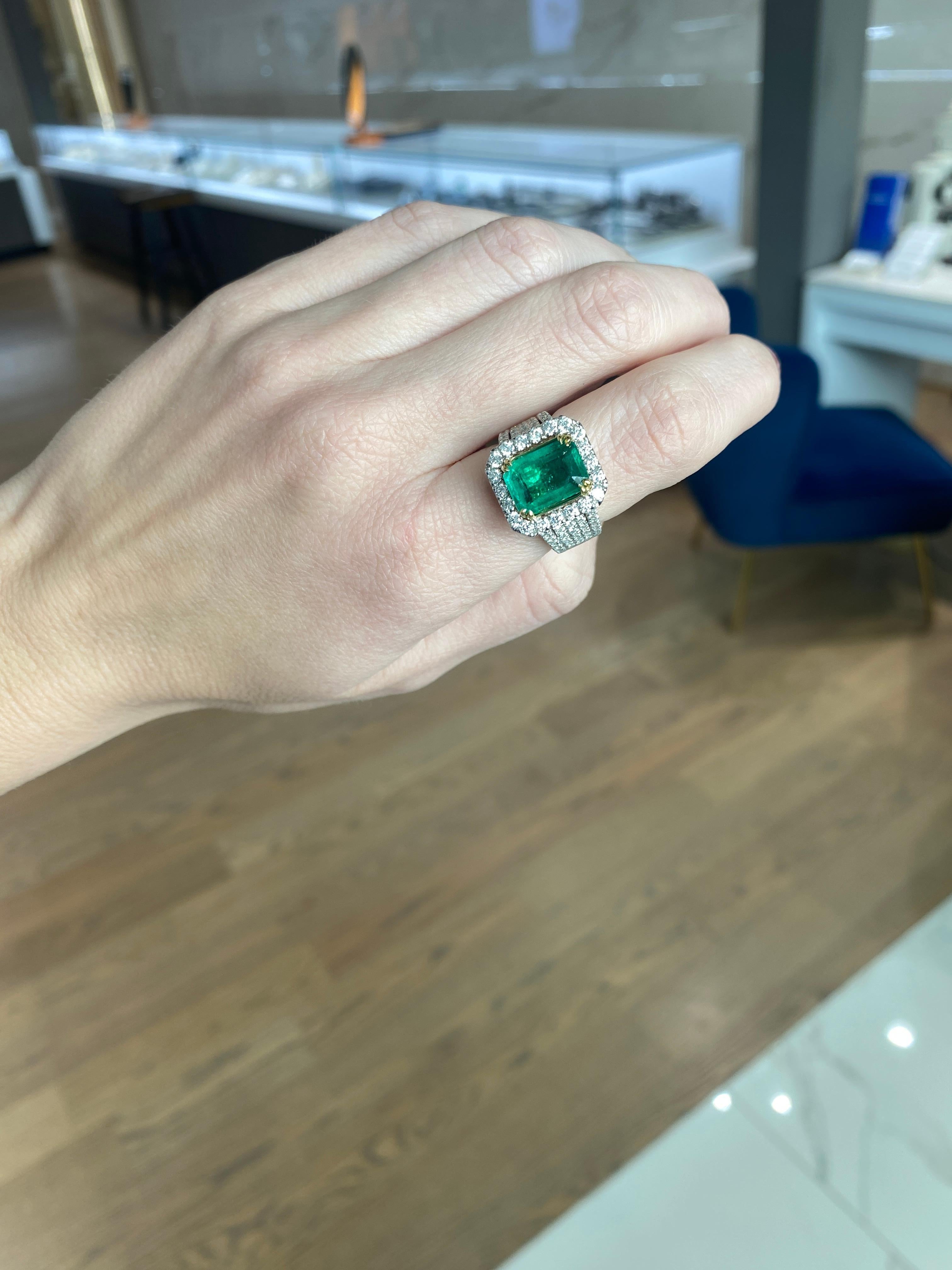 GIA Certified 3.86 Carat Octagonal Cut Emerald & Diamond Cocktail Ring For Sale 6
