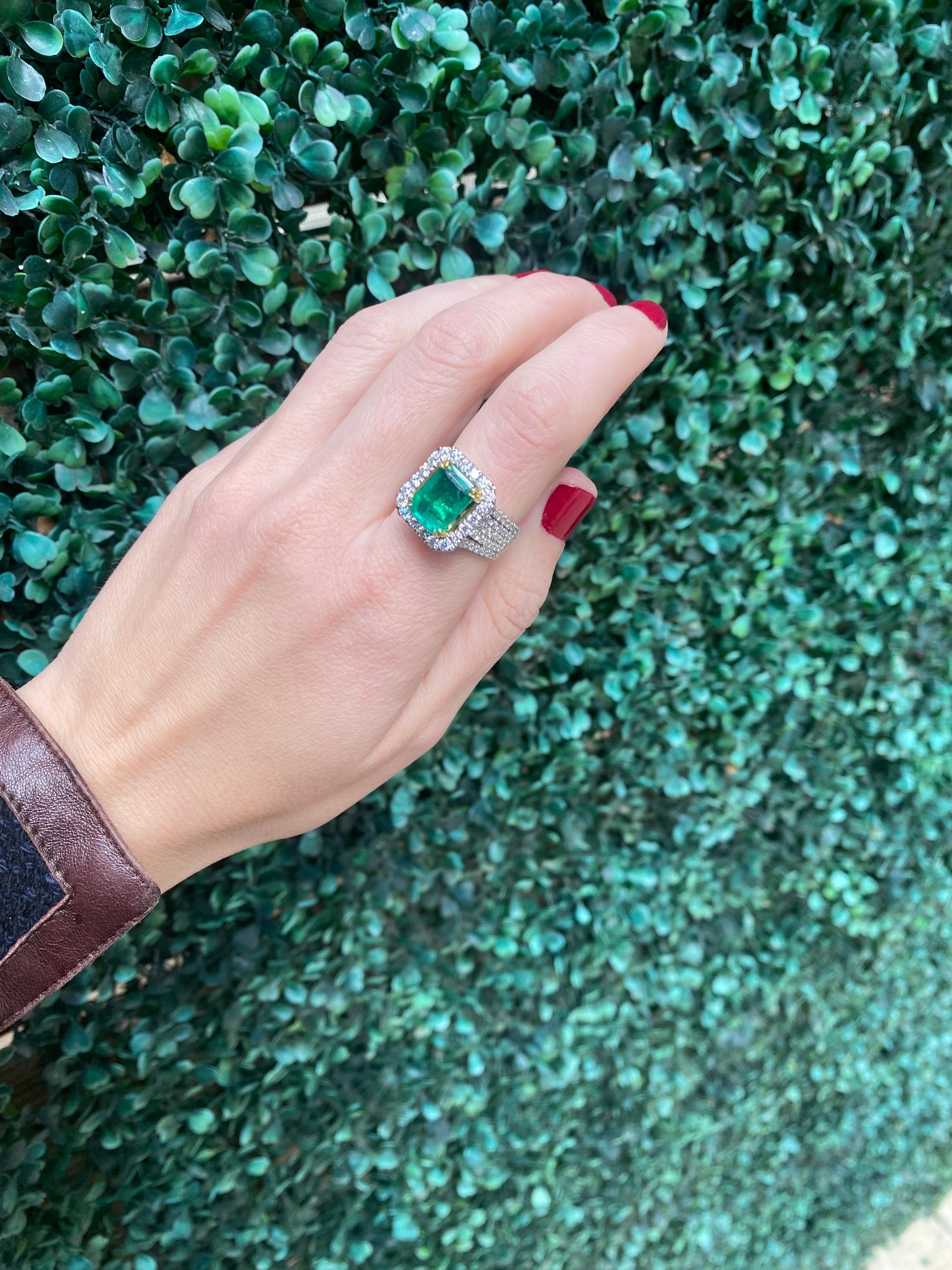 GIA Certified 3.86 Carat Octagonal Cut Emerald & Diamond Cocktail Ring For Sale 10