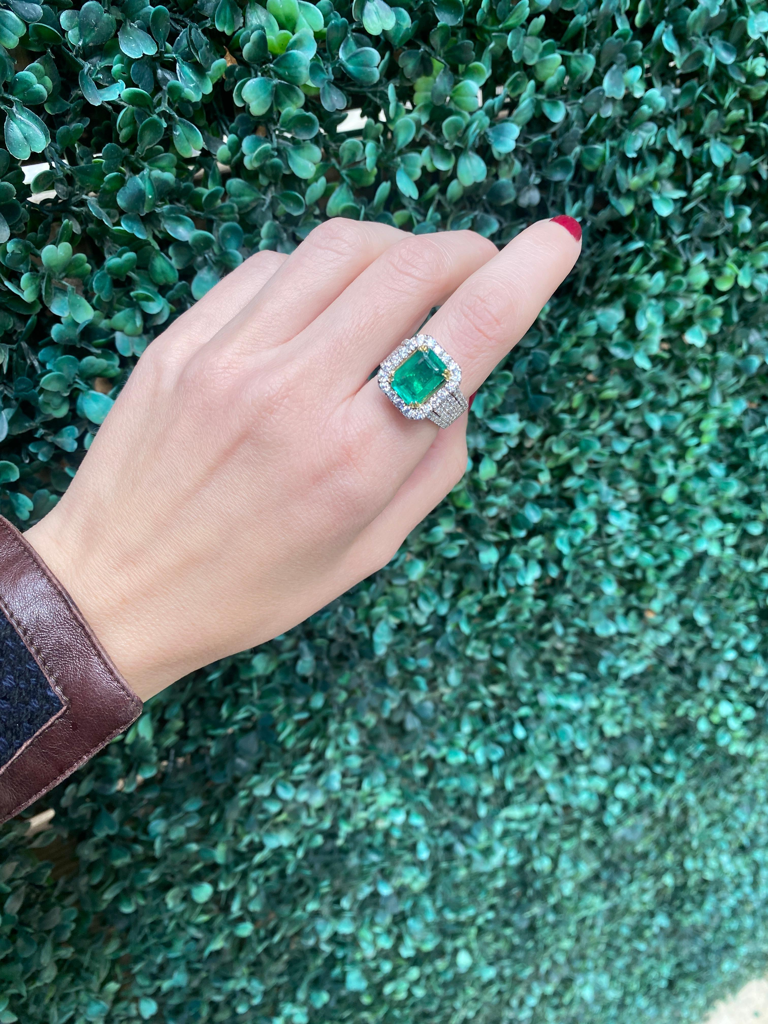 GIA Certified 3.86 Carat Octagonal Cut Emerald & Diamond Cocktail Ring For Sale 12