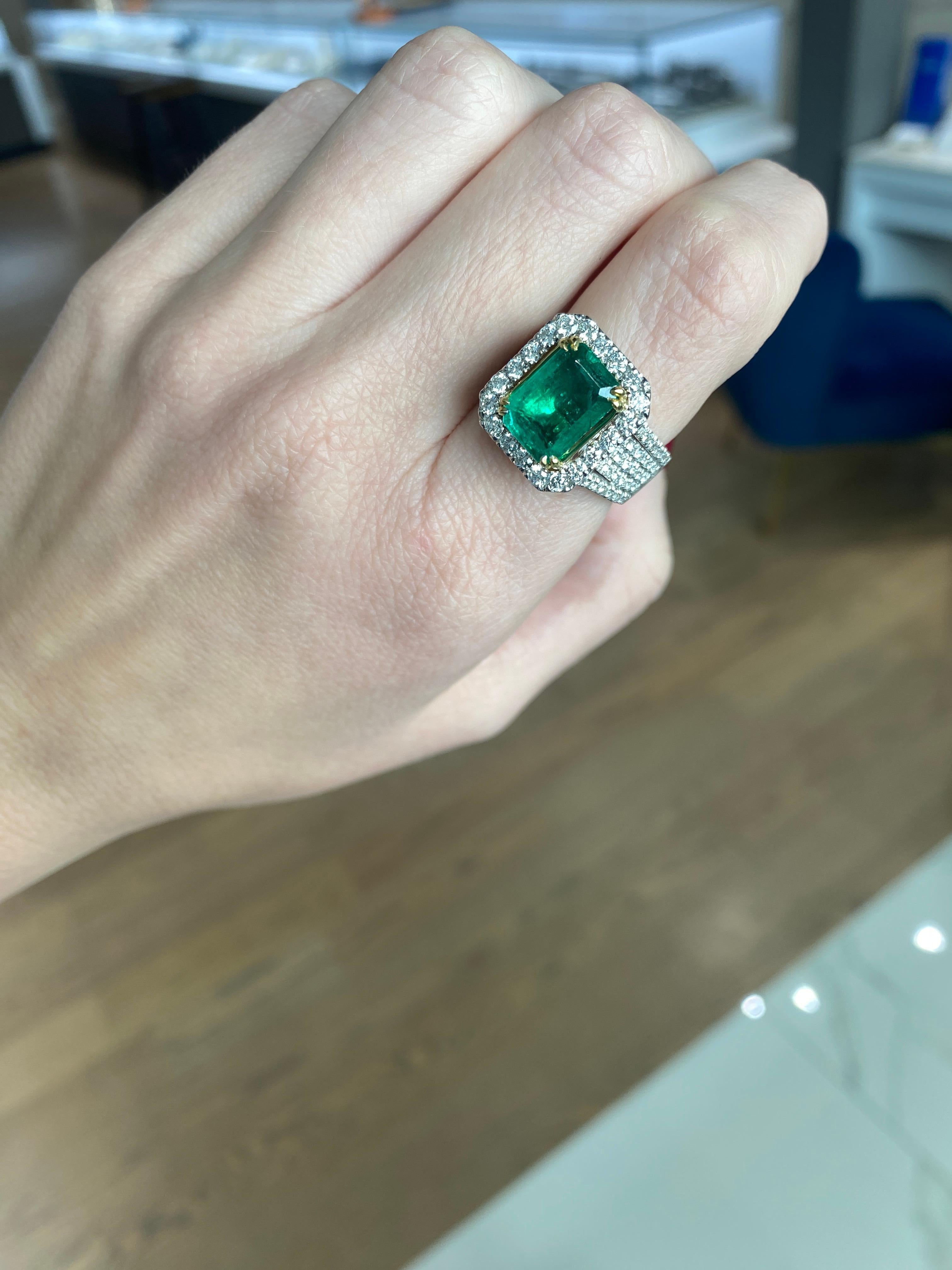 GIA Certified 3.86 Carat Octagonal Cut Emerald & Diamond Cocktail Ring For Sale 2
