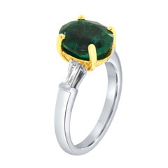 GIA Certified 3.86 Oval Shape Green Emerald Baguette Diamond Platinum & 18k Ring