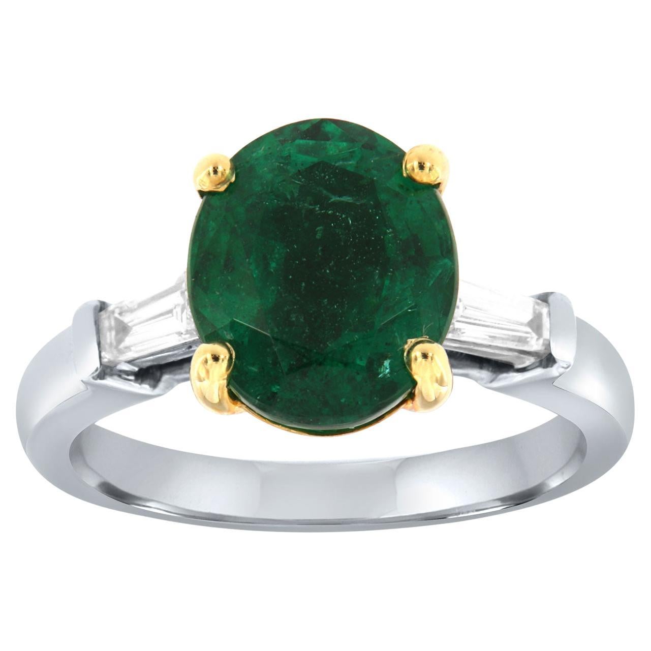 GIA Certified 3.86 Oval Shape Green Emerald Baguette Diamond Platinum & 18k Ring
