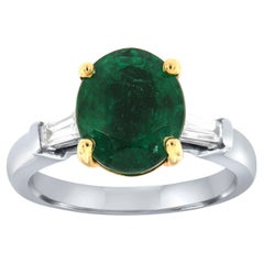GIA Certified 3.86 Oval Shape Green Emerald Baguette Diamond Platinum & 18k Ring