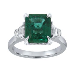 GIA Certified 3.87 Carat Green Emerald Trapeze Diamond Platinum Ring