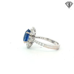 GIA Certified 3.87 Carat Sri Lankan Sapphire Diamond Halo Ring 18k White Gold