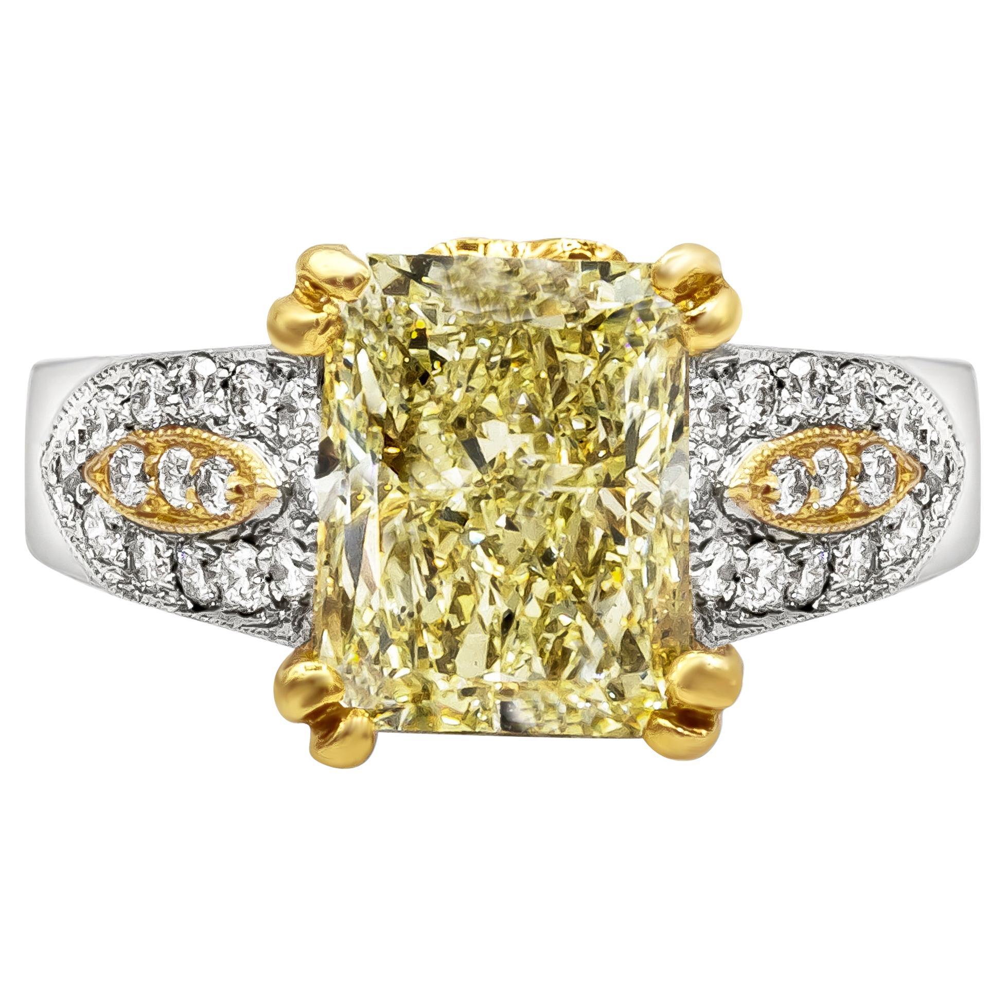 GIA Certified 3.87 Carats Radiant Cut Fancy Yellow Diamond Engagement Ring For Sale