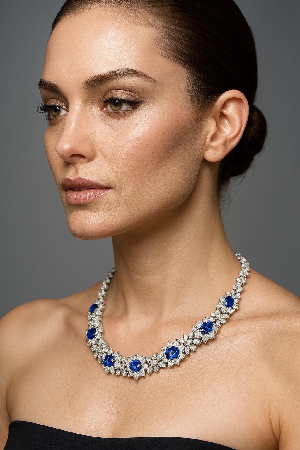 Taglio ovale Collana con zaffiro blu e diamanti da 39 carati certificata GIA in vendita