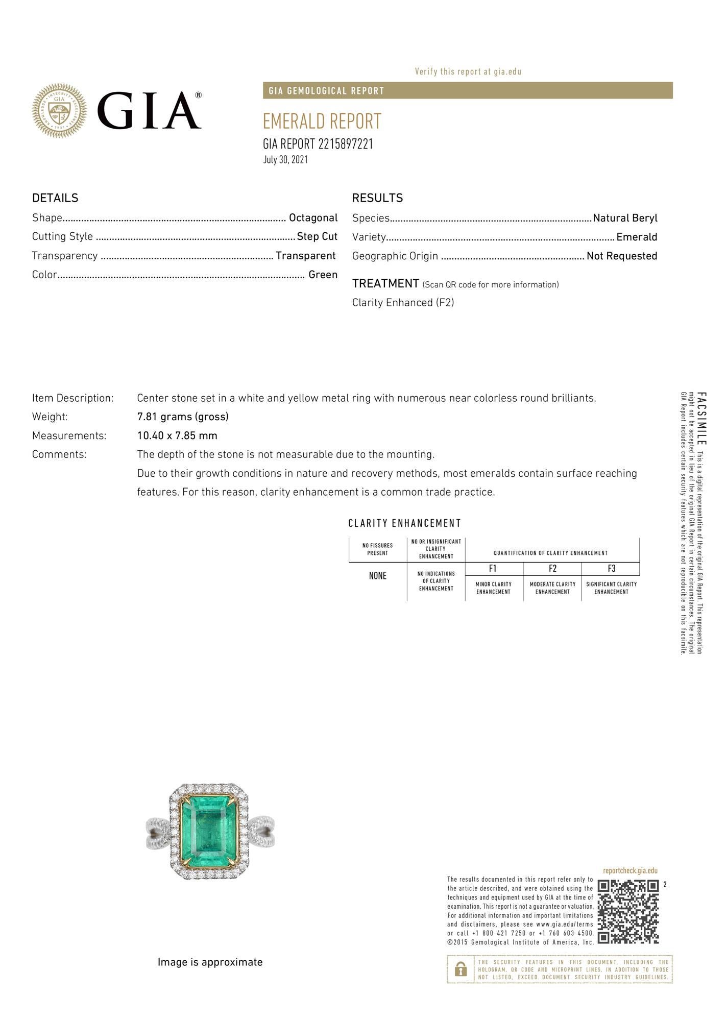 GIA Certified 3.90 Carat Green Emerald 18K White & Yellow Gold Diamond Ring  For Sale 1