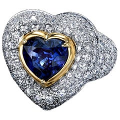 GIA Certified 3.90 Carats Blue Sapphire Heart Ring with Diamonds Platinum/18KYG