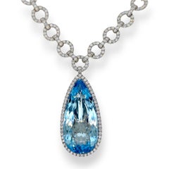 GIA zertifiziert 39,05 Karat Aquamarin Runde Diamanten Weißgold Halskette