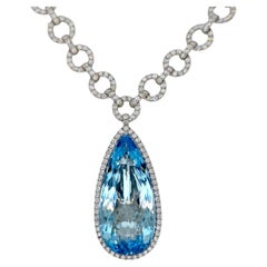 GIA zertifiziert 39,05 Karat Aquamarin Runde Diamanten Weißgold Halskette