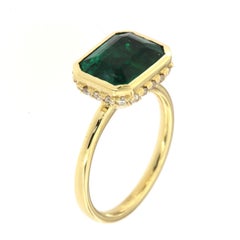 GIA Certified 3.93 Carat Green Emerald Bezel Set in 18K Yellow Gold Diamond Ring