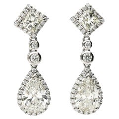 GIA Certified 3.93 Carat Pear Cut &Diamond Halo Drop Earrings in 18K White Gold