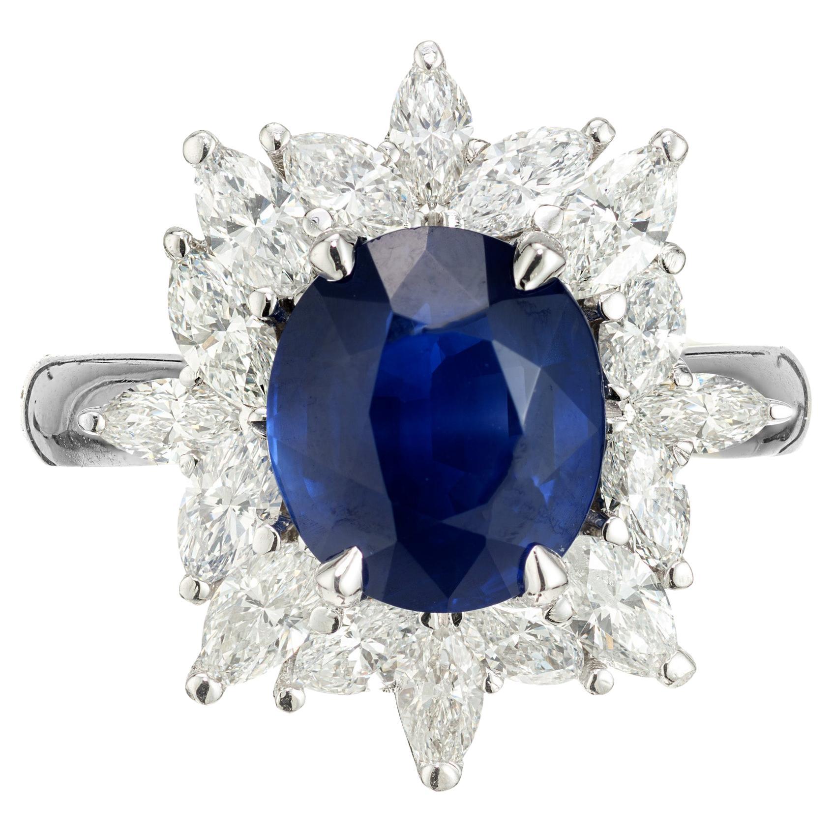 GIA Certified 3.93 Carat Sapphire Diamond Halo Platinum Engagement Ring For Sale