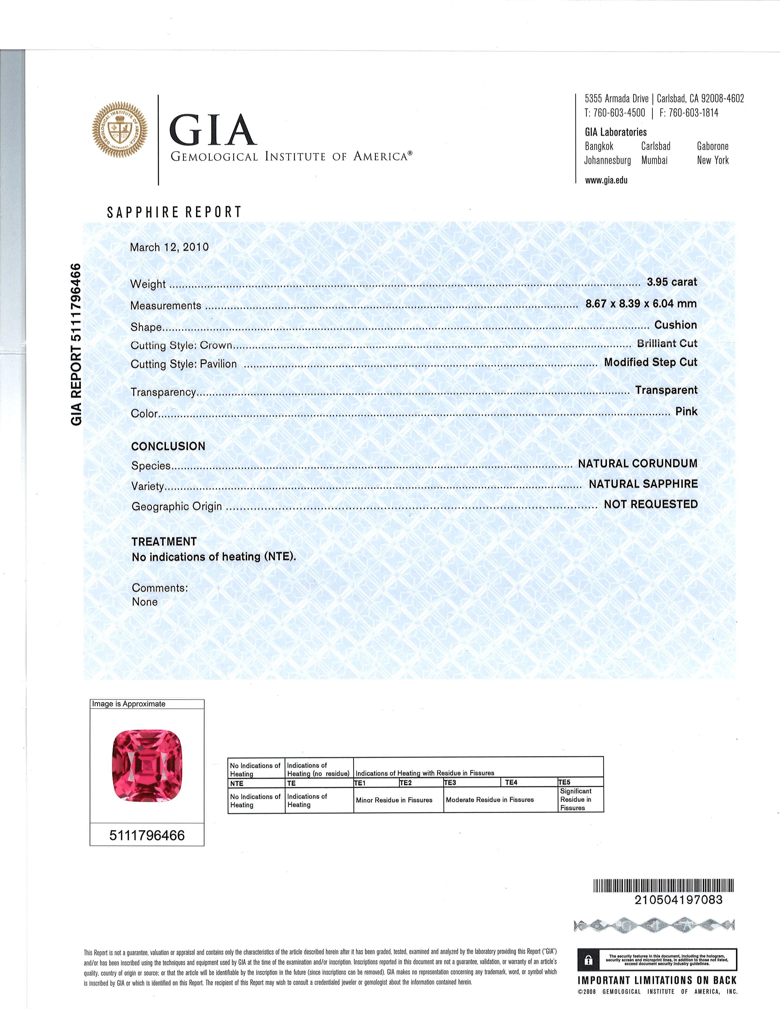 Cushion Cut GIA Certified 3.95 Carat Natural Pink Sapphire Ring in Platinum For Sale
