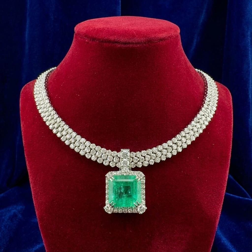 Questa eccezionale collana di alta gioielleria mette in mostra un importante smeraldo naturale da 39,50 carati, certificato dal Gemological Institute of America (GIA). La pietra è tagliata in un elegante stile a gradini, mostra un ricco colore verde