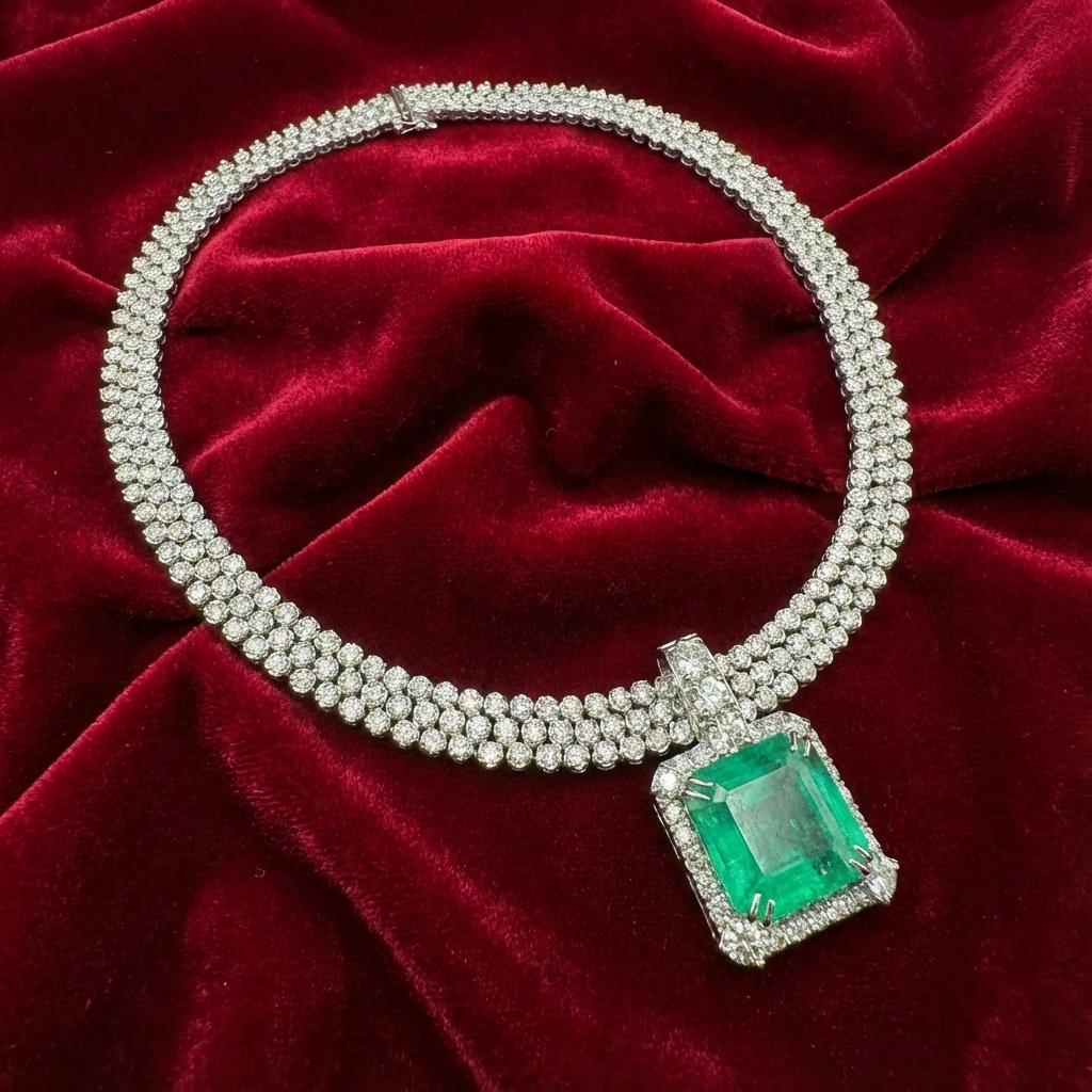 Quadrato Collana con smeraldo da 39,50 carati e diamante da 35,00 carati certificata GIA in vendita
