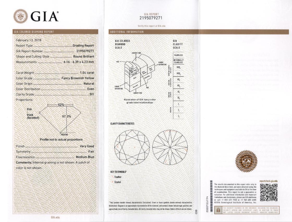 Boucles d'oreilles pendantes en diamant certifié GIA de 3,96 carats de forme ronde et de couleur brun à jaune Pour femmes en vente