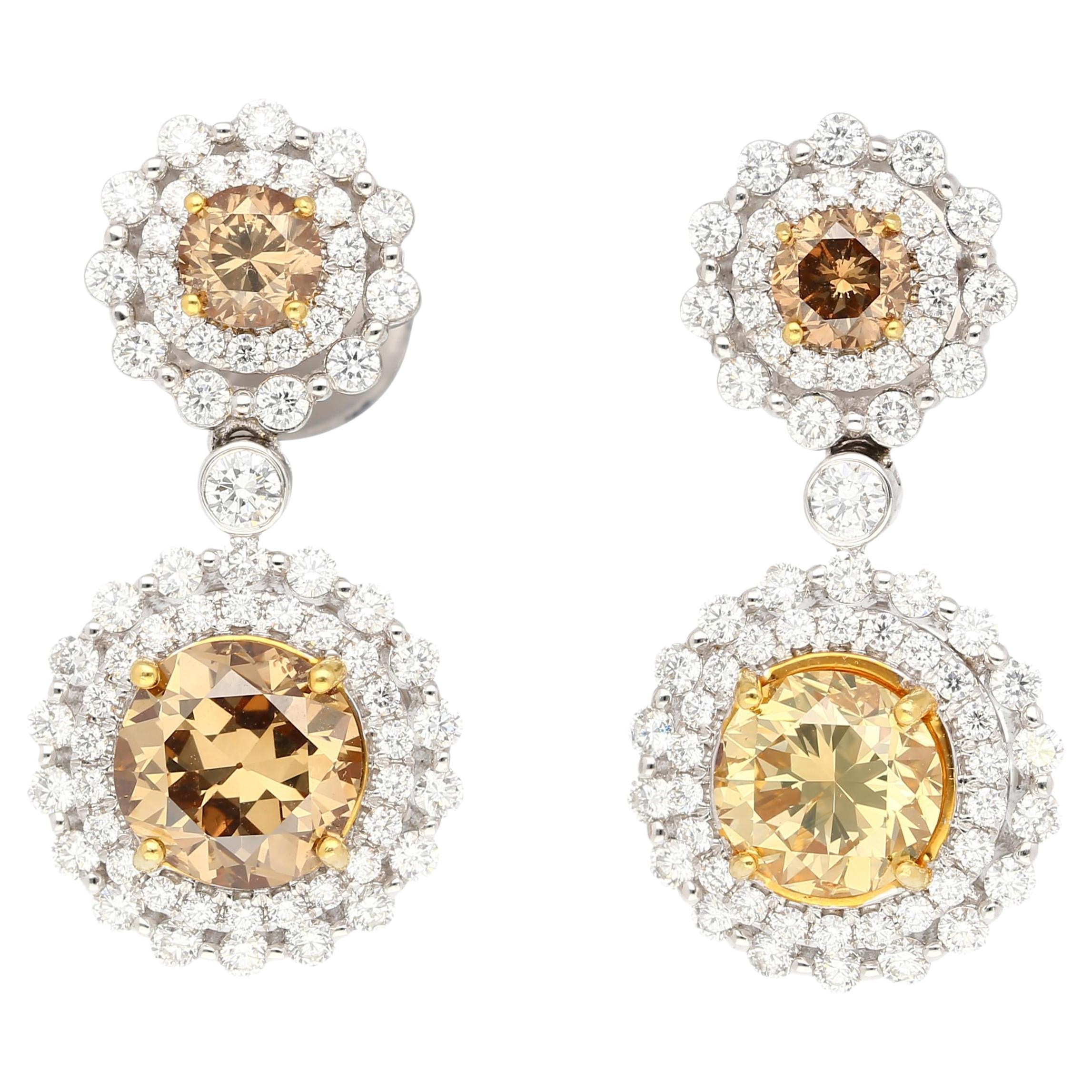 GIA Certified 3.96 Carat Round Fancy Brown To Yellow Diamond Drop Earrings
