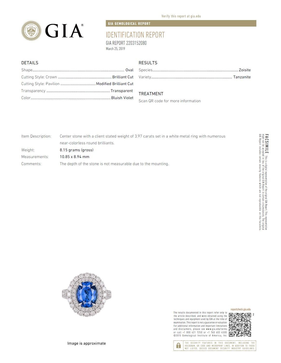 GIA Certified 3.97 Carat Oval Cut Tanzanite and Diamond Halo Ring ref632 For Sale 3