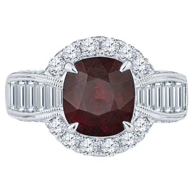 GIA Certified 3.97 Cushion Cut Mozambique Ruby w/ 2.31ctw Diamond Accents Ring 