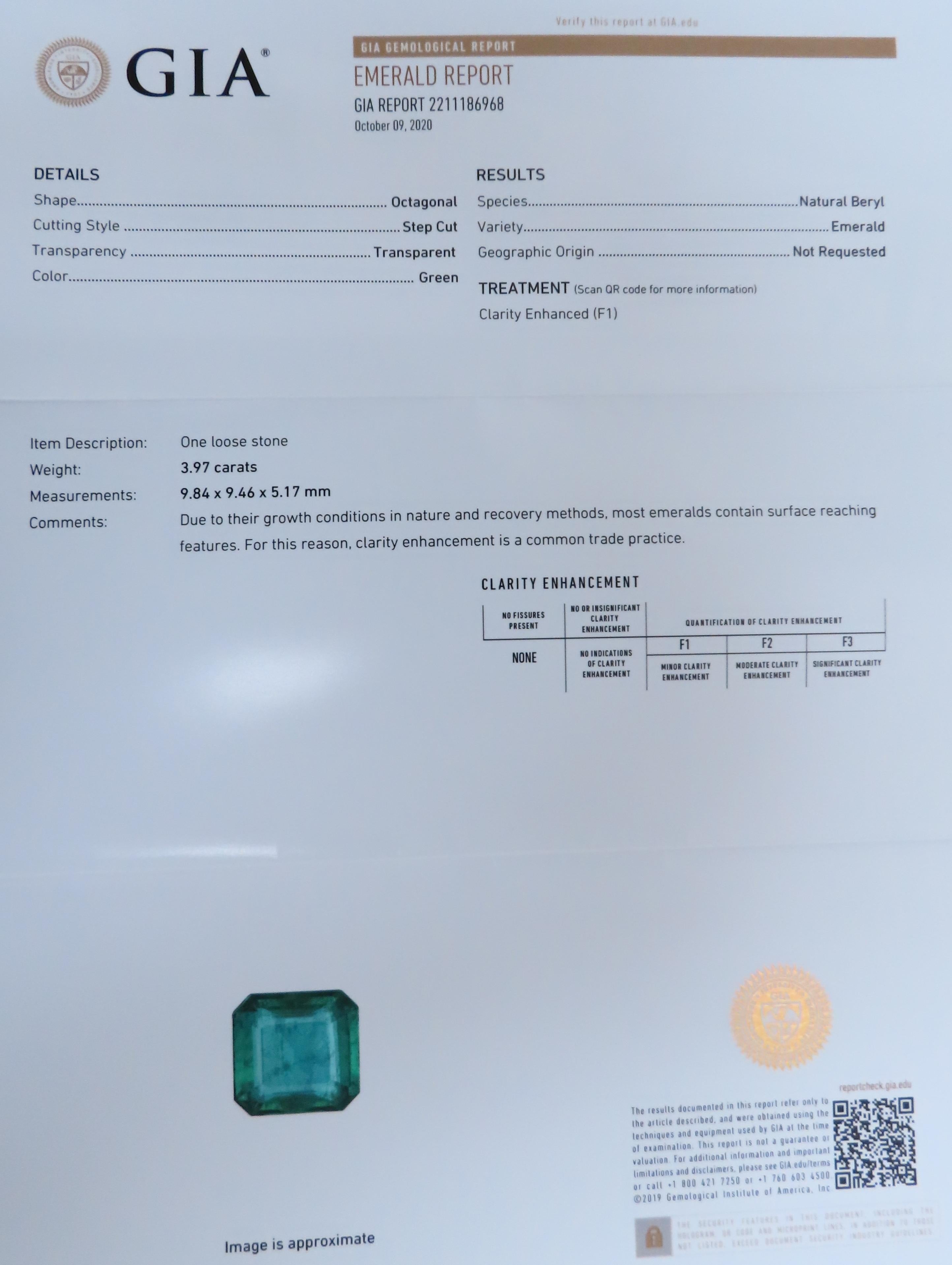 GIA Certified 3.97ct Natural Emerald (F1) Trillants Diamond Ring Platinum 12414 For Sale 4