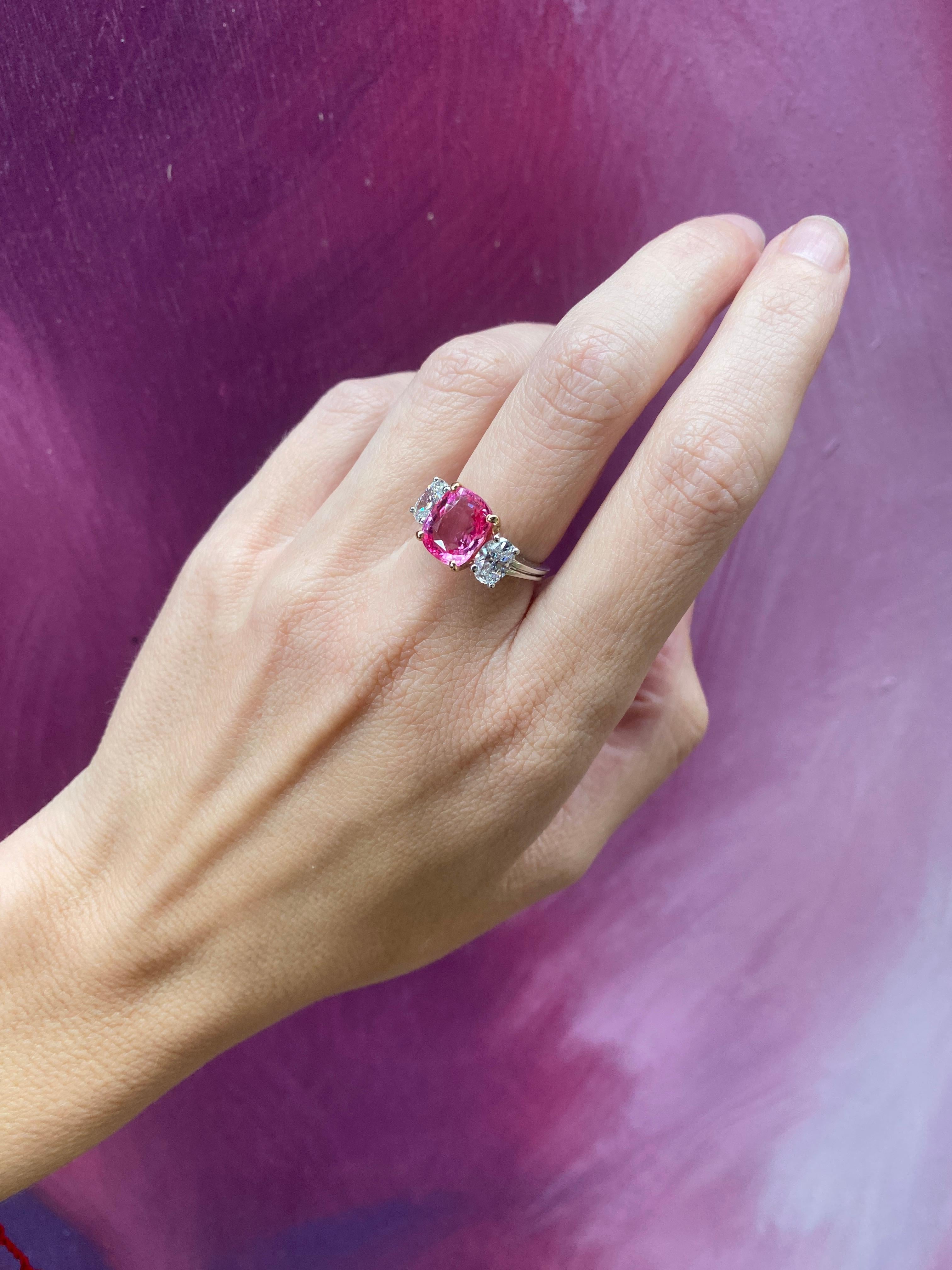 GIA Certified 3.98 Carat Cushion Cut Natural Padparadscha Sapphire Ring For Sale 7