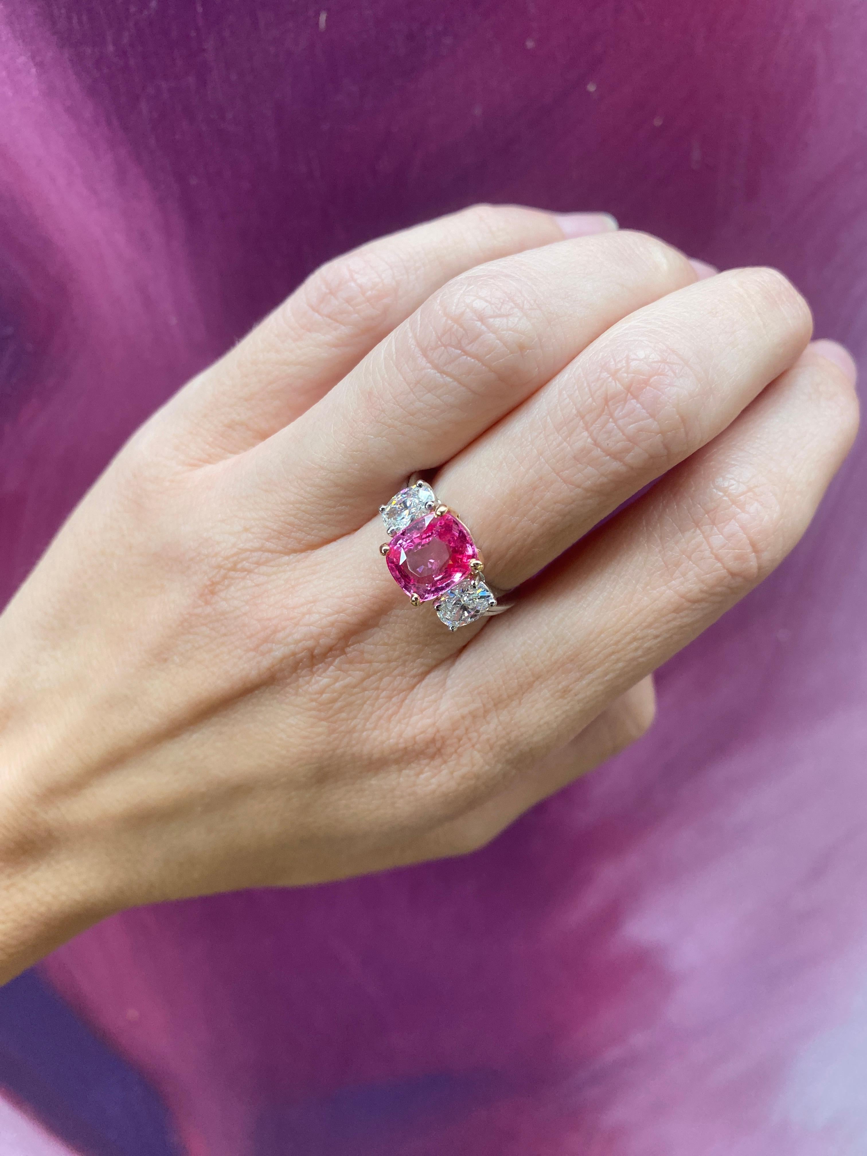 GIA Certified 3.98 Carat Cushion Cut Natural Padparadscha Sapphire Ring For Sale 8