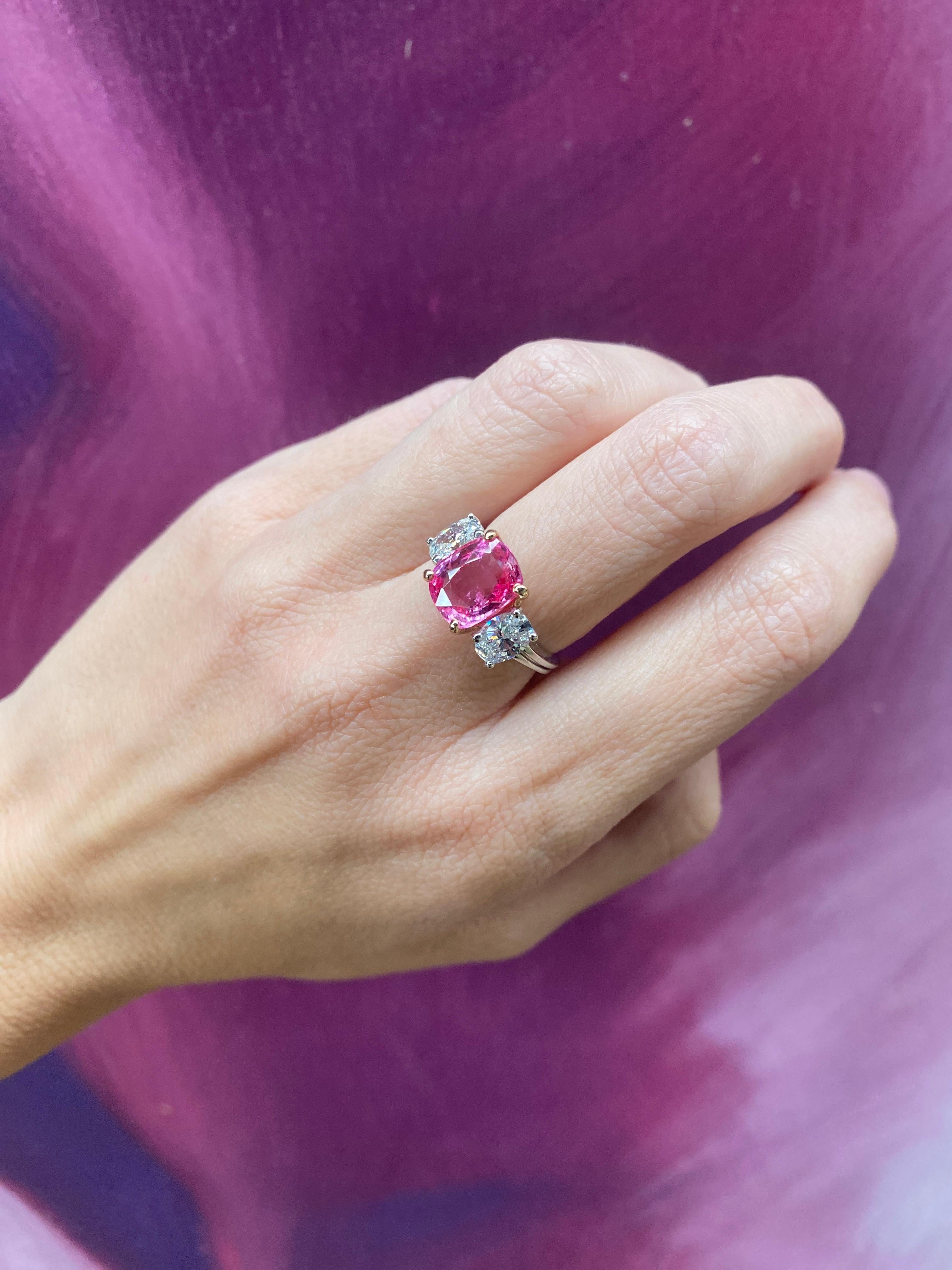 GIA Certified 3.98 Carat Cushion Cut Natural Padparadscha Sapphire Ring For Sale 9