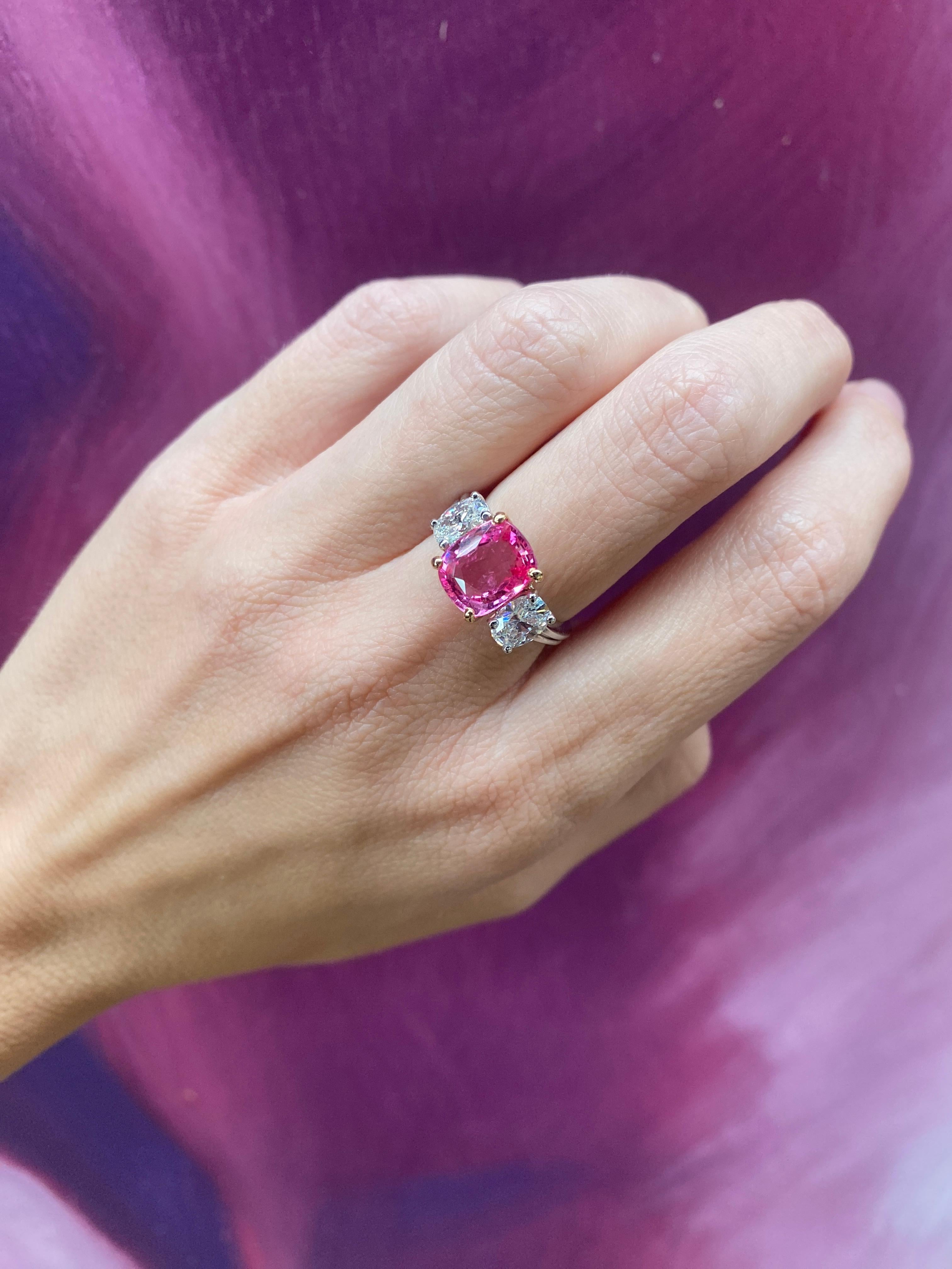 GIA Certified 3.98 Carat Cushion Cut Natural Padparadscha Sapphire Ring For Sale 12