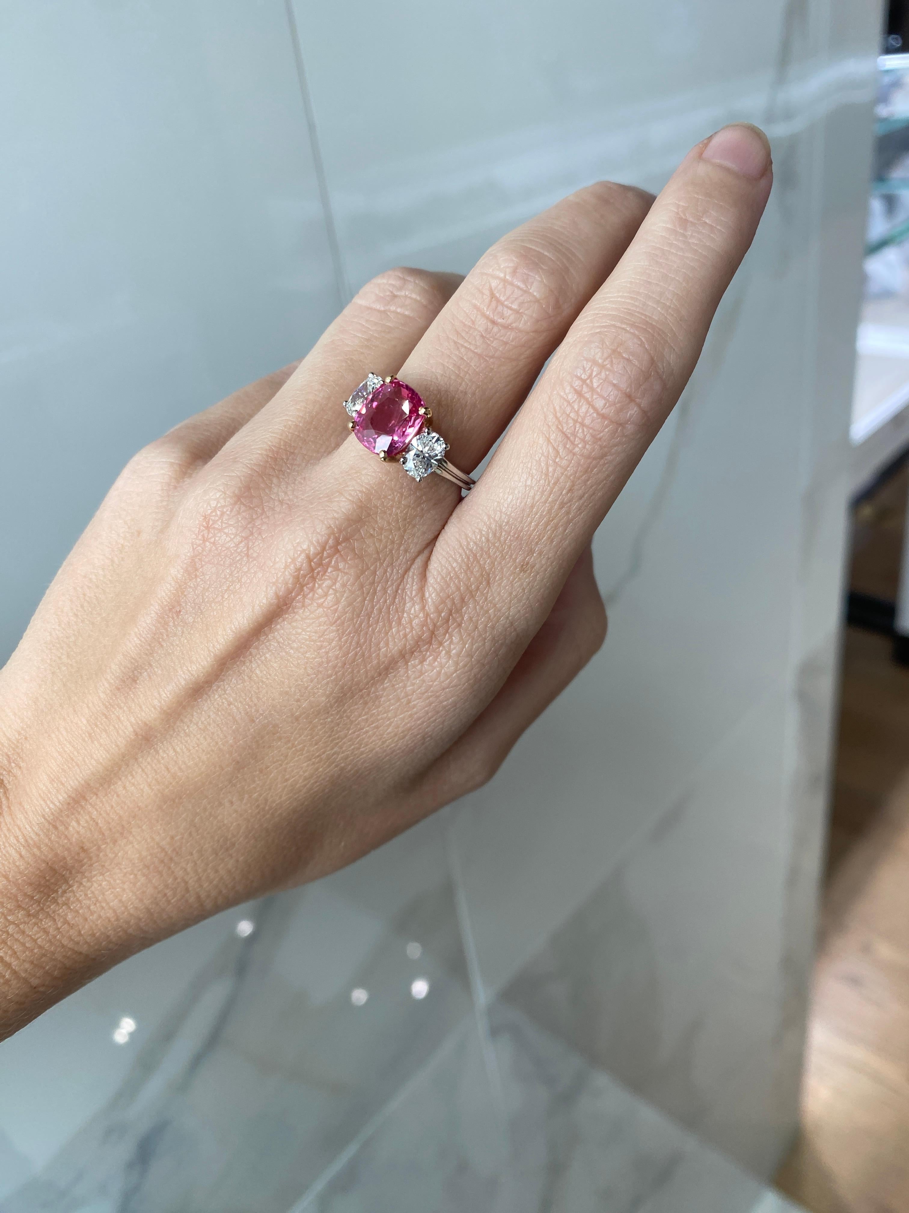 GIA Certified 3.98 Carat Cushion Cut Natural Padparadscha Sapphire Ring For Sale 1