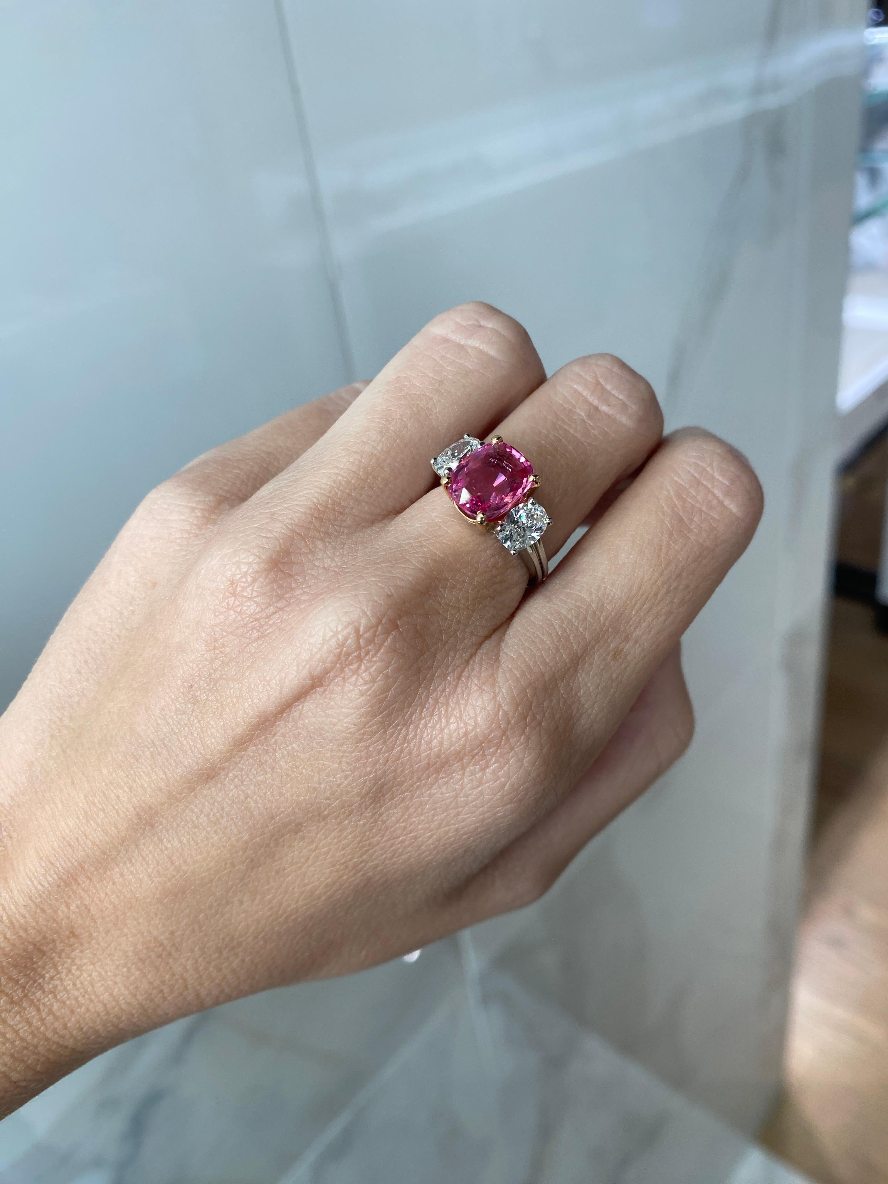 GIA Certified 3.98 Carat Cushion Cut Natural Padparadscha Sapphire Ring For Sale 2