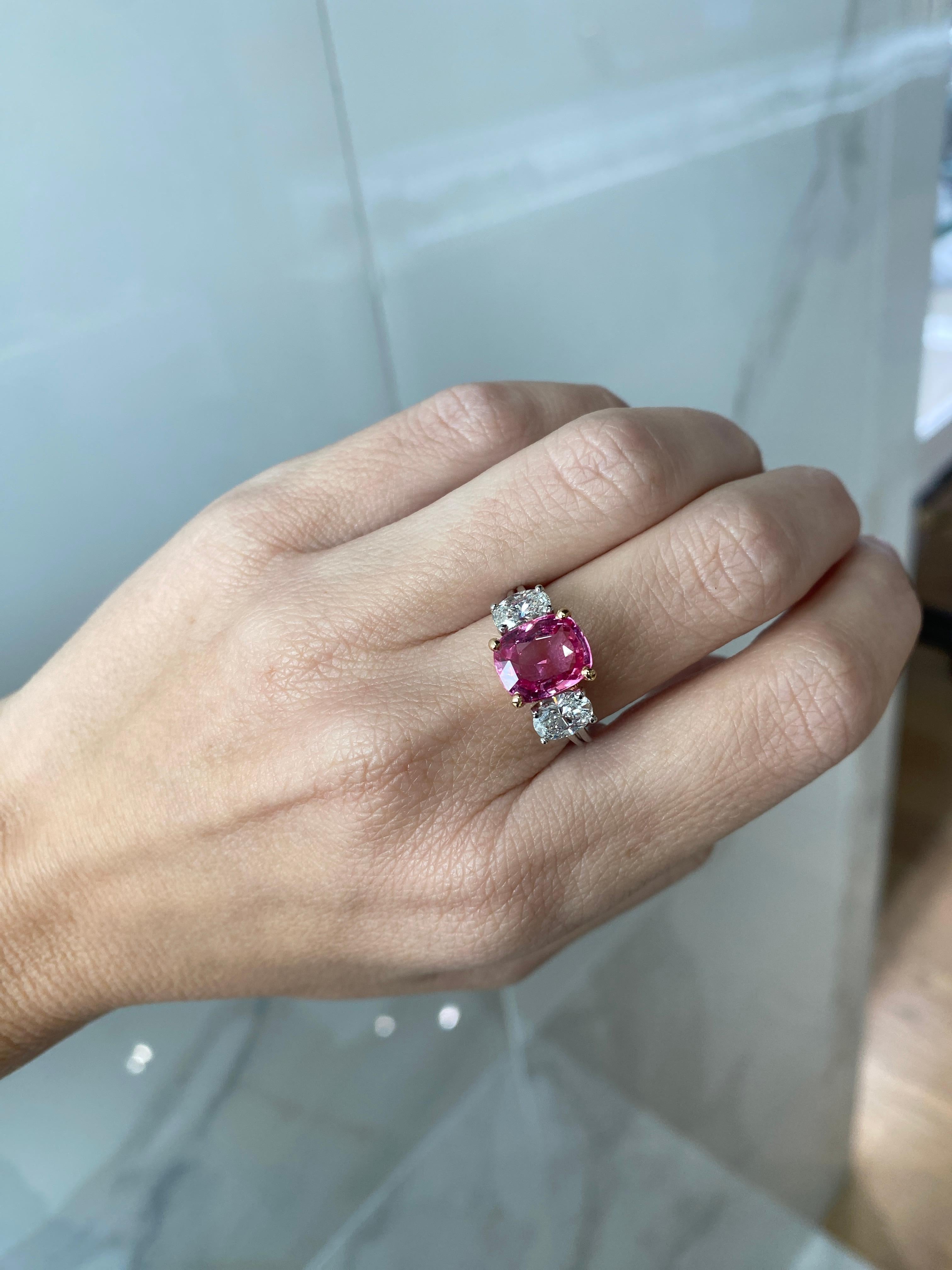 GIA Certified 3.98 Carat Cushion Cut Natural Padparadscha Sapphire Ring For Sale 3