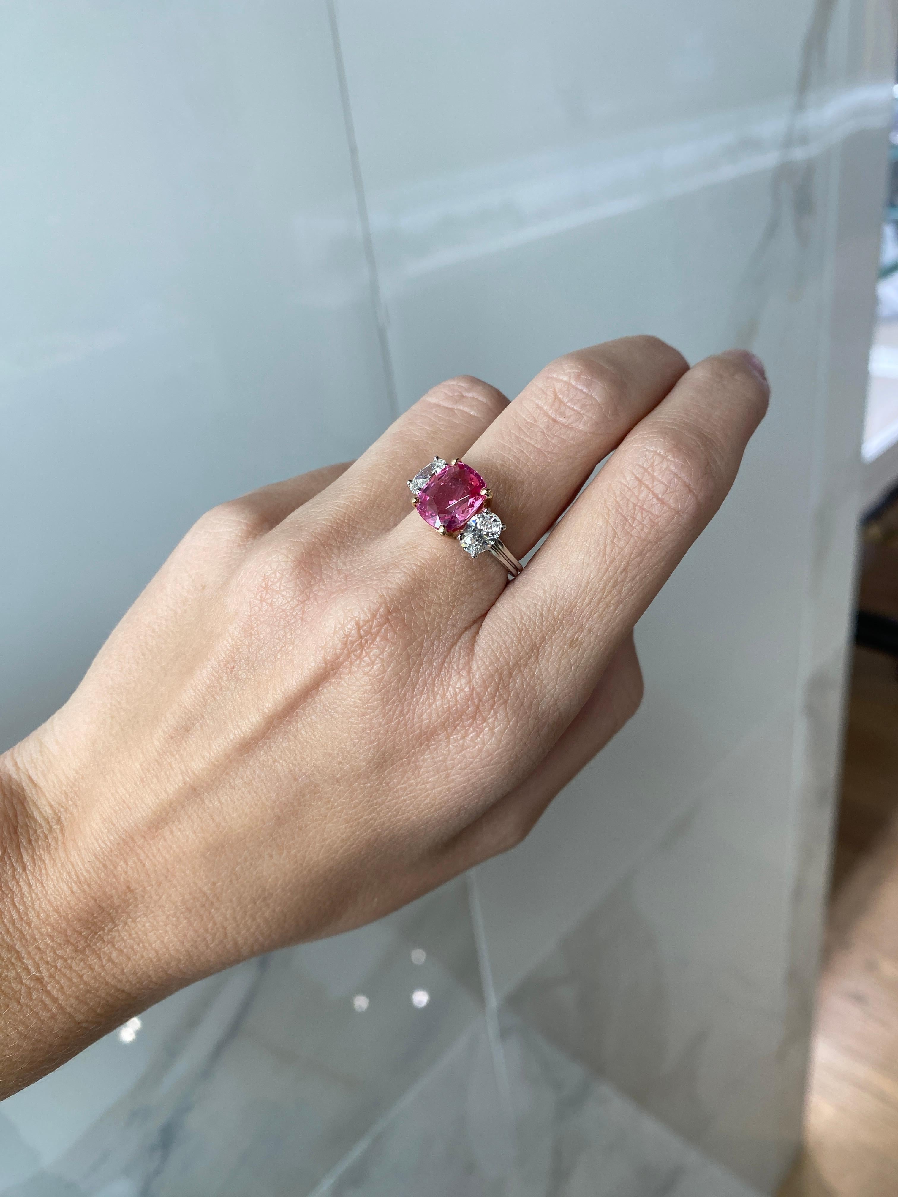 GIA Certified 3.98 Carat Cushion Cut Natural Padparadscha Sapphire Ring For Sale 4