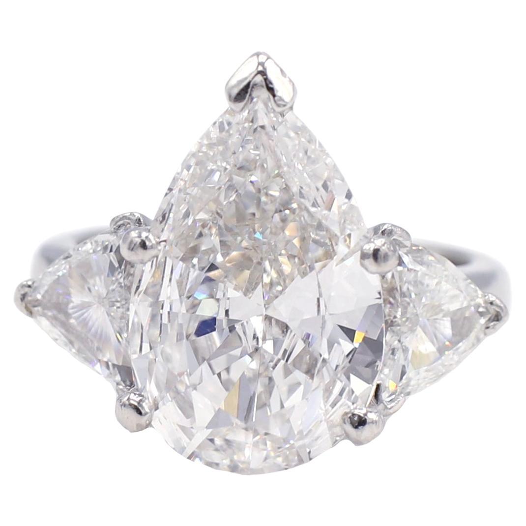 GIA Certified 3.98 Carat Pear Shape Diamond Three Stone Engagement Ring