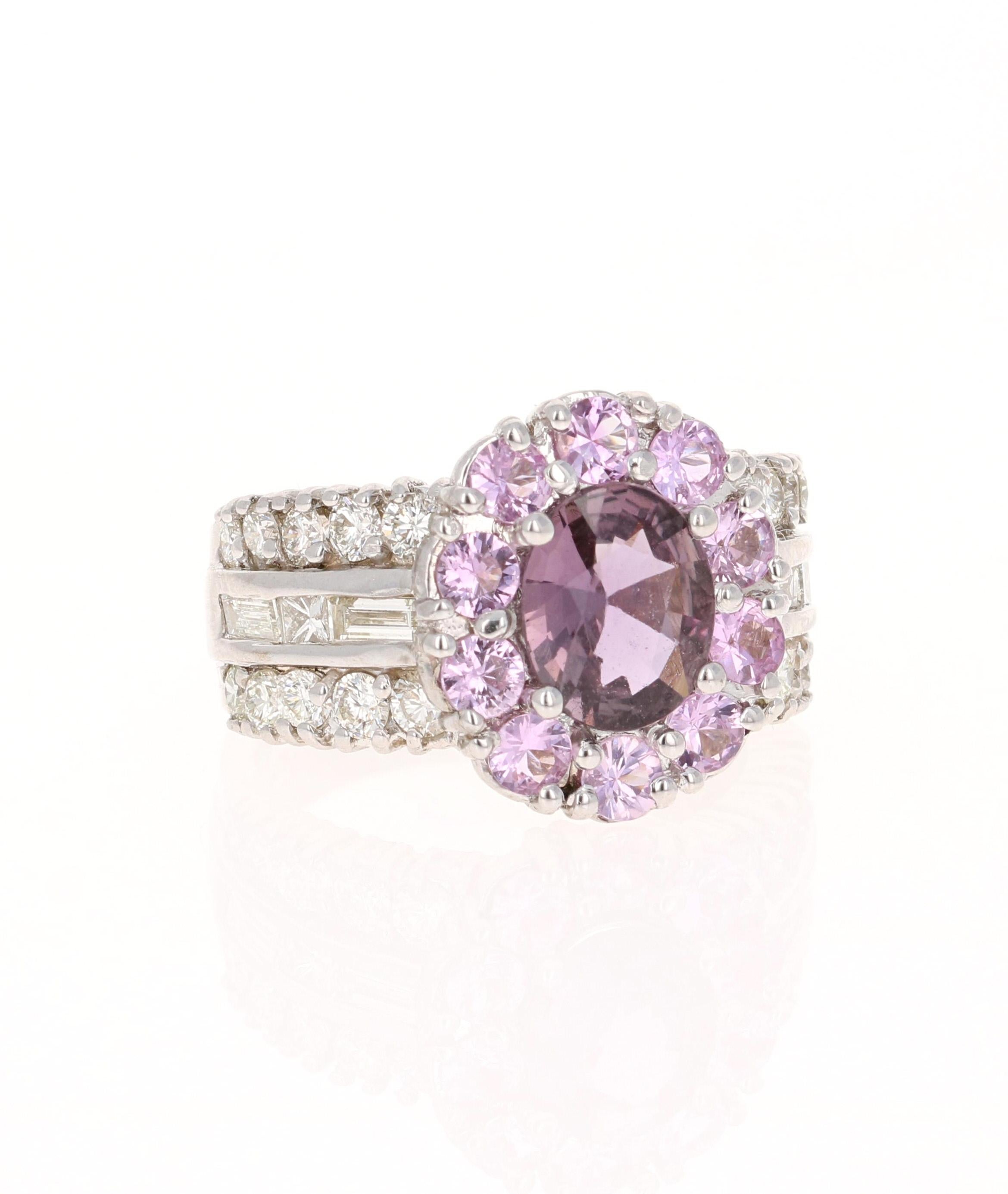 Contemporary GIA Certified 3.99 Carat Pink Purple Sapphire Diamond 18 Karat White Gold Ring For Sale
