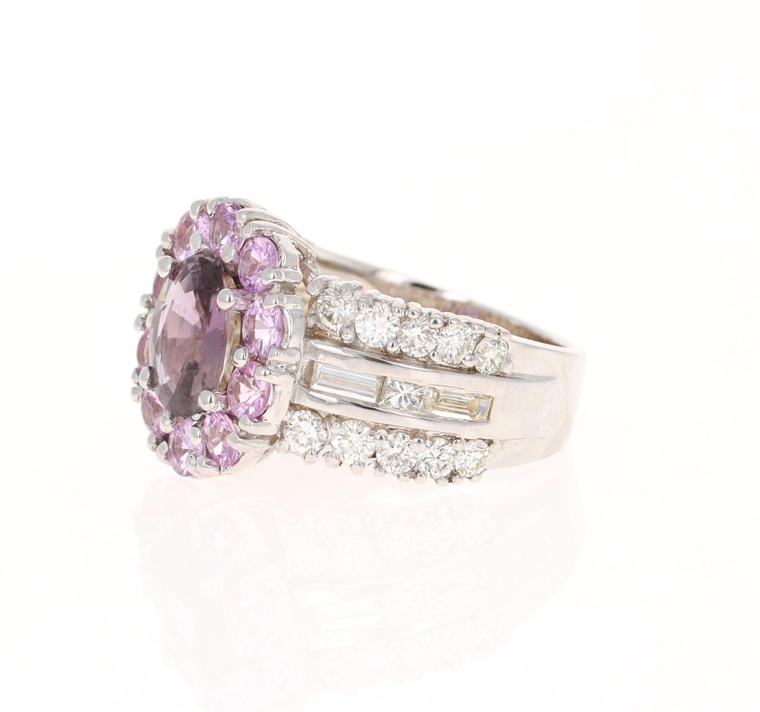 Oval Cut GIA Certified 3.99 Carat Pink Purple Sapphire Diamond 18 Karat White Gold Ring For Sale