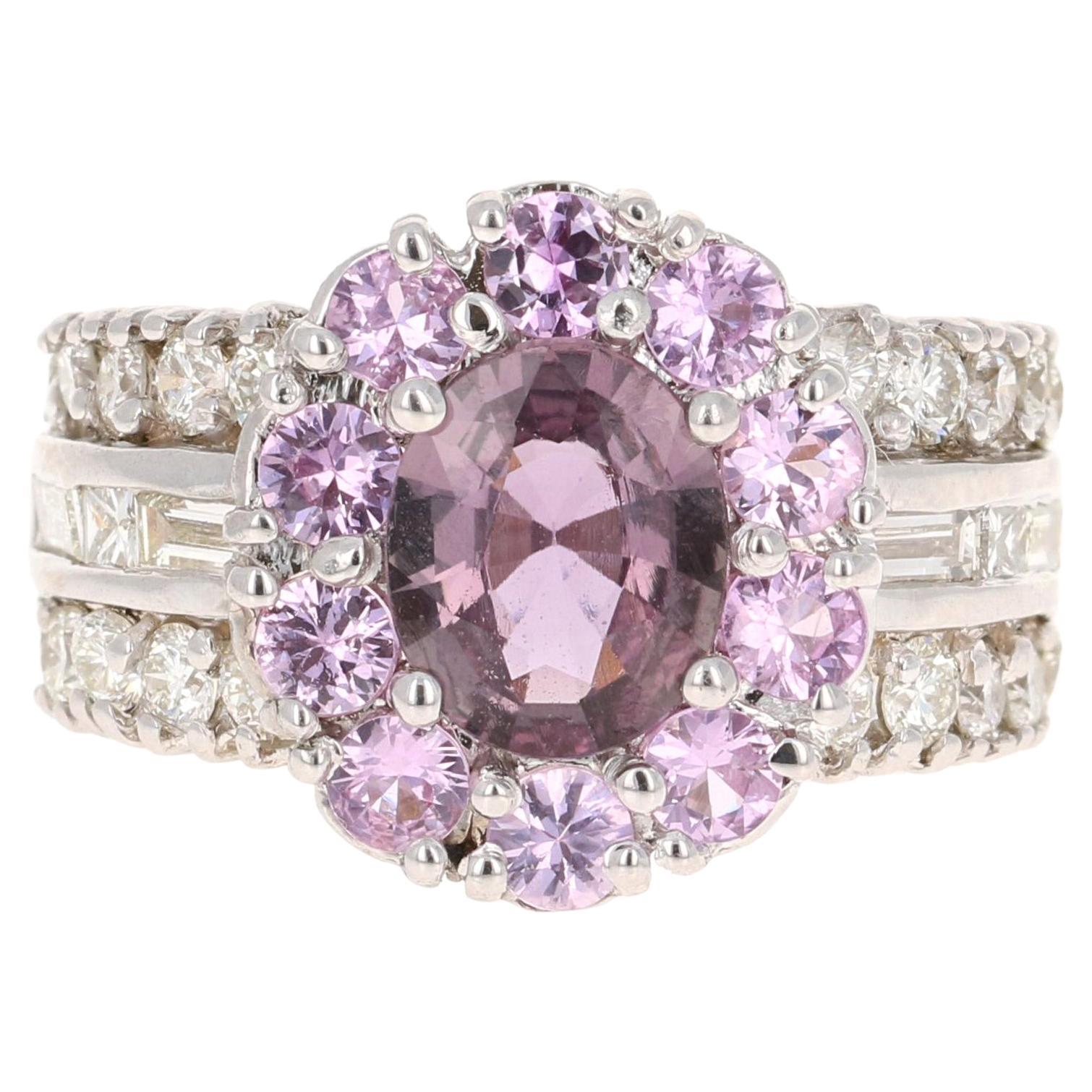 GIA Certified 3.99 Carat Pink Purple Sapphire Diamond 18 Karat White Gold Ring For Sale