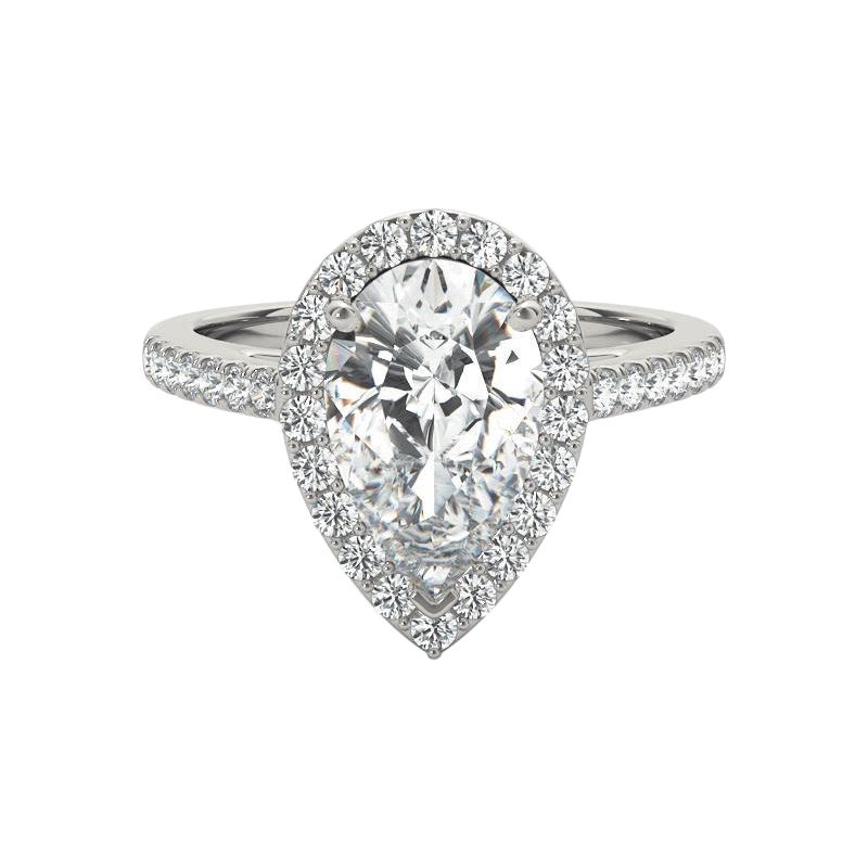 GIA Certified 3Carat Pear Halo Cathedral 18K White Gold Diamond Ring For Sale