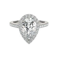 GIA Certified 3Carat Pear Halo Cathedral 18K White Gold Diamond Ring