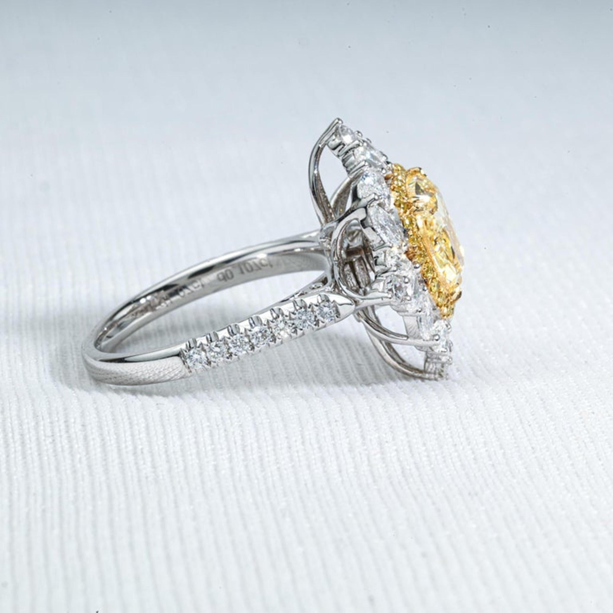 GIA Certified 3ct Cushion Fancy Light Yellow Diamond Engagement Ring in 18K Gold For Sale 1