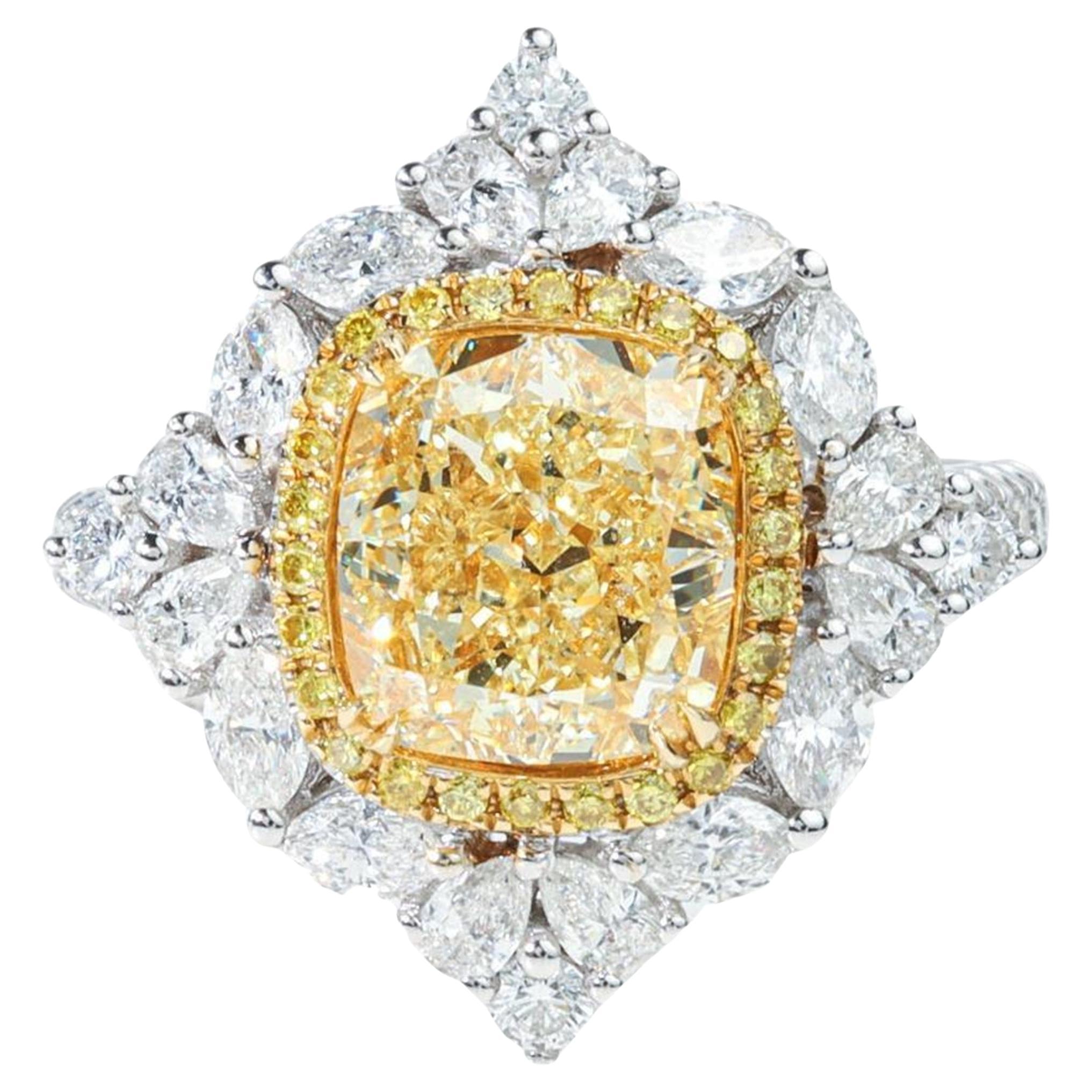 GIA Certified 3ct Cushion Fancy Light Yellow Diamond Engagement Ring in 18K Gold For Sale