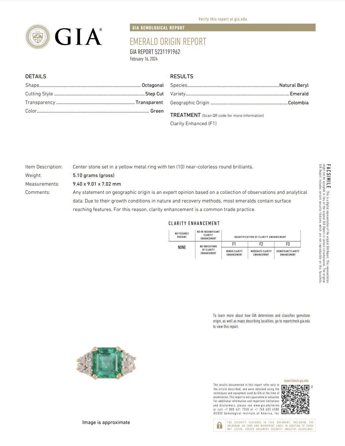 GIA Certified 4 Carat Square Octagonal Cut Minor Oil Colombian Emerald and Round Diamond Engagement Ring. 

This GIA certified emerald gemstone hails from Colombia and features an octagonal step cut, featuring a vivid bright green color saturation