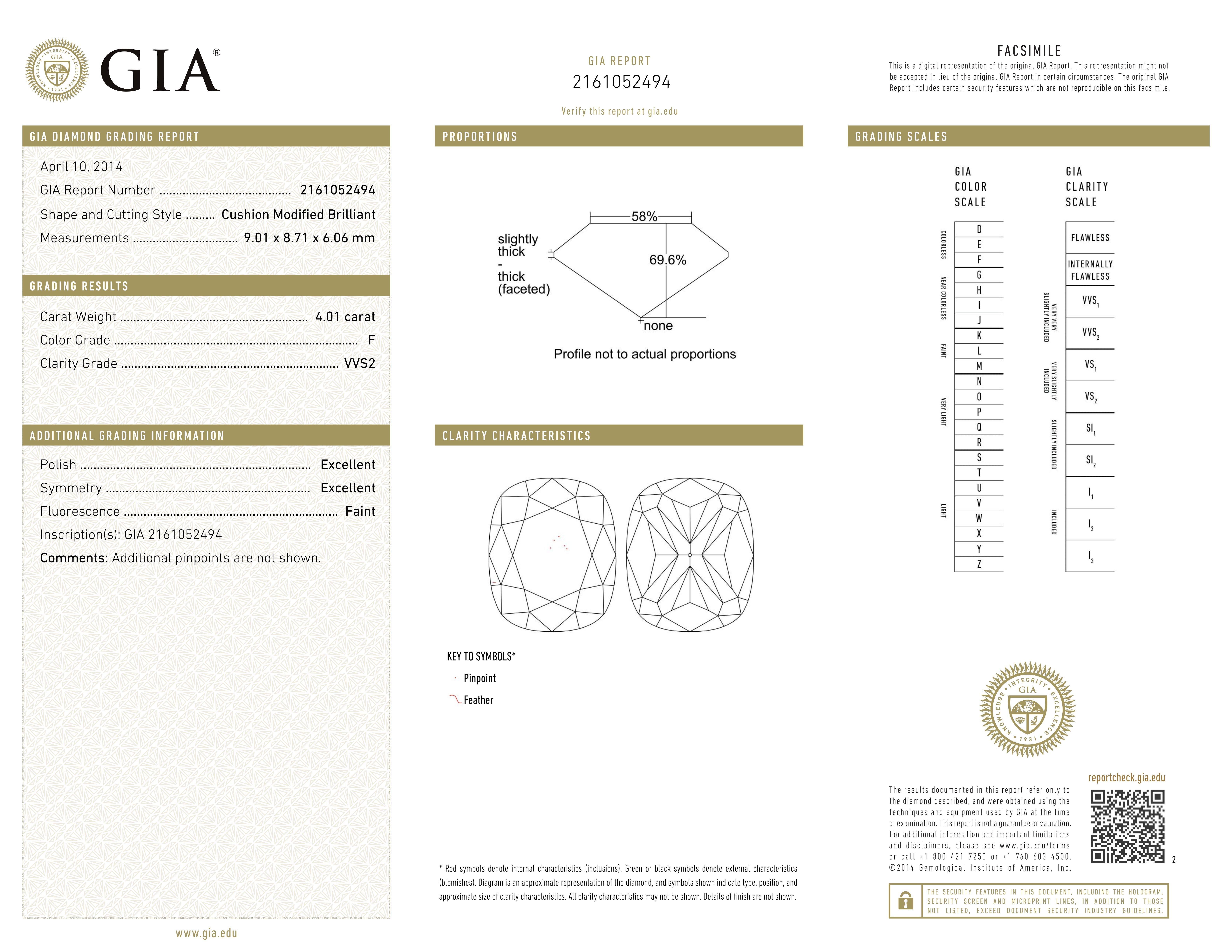 GIA Certified 4 Carat Cushion Cut Diamond f Color VVS2 Clarity Ring In New Condition For Sale In Chicago, IL