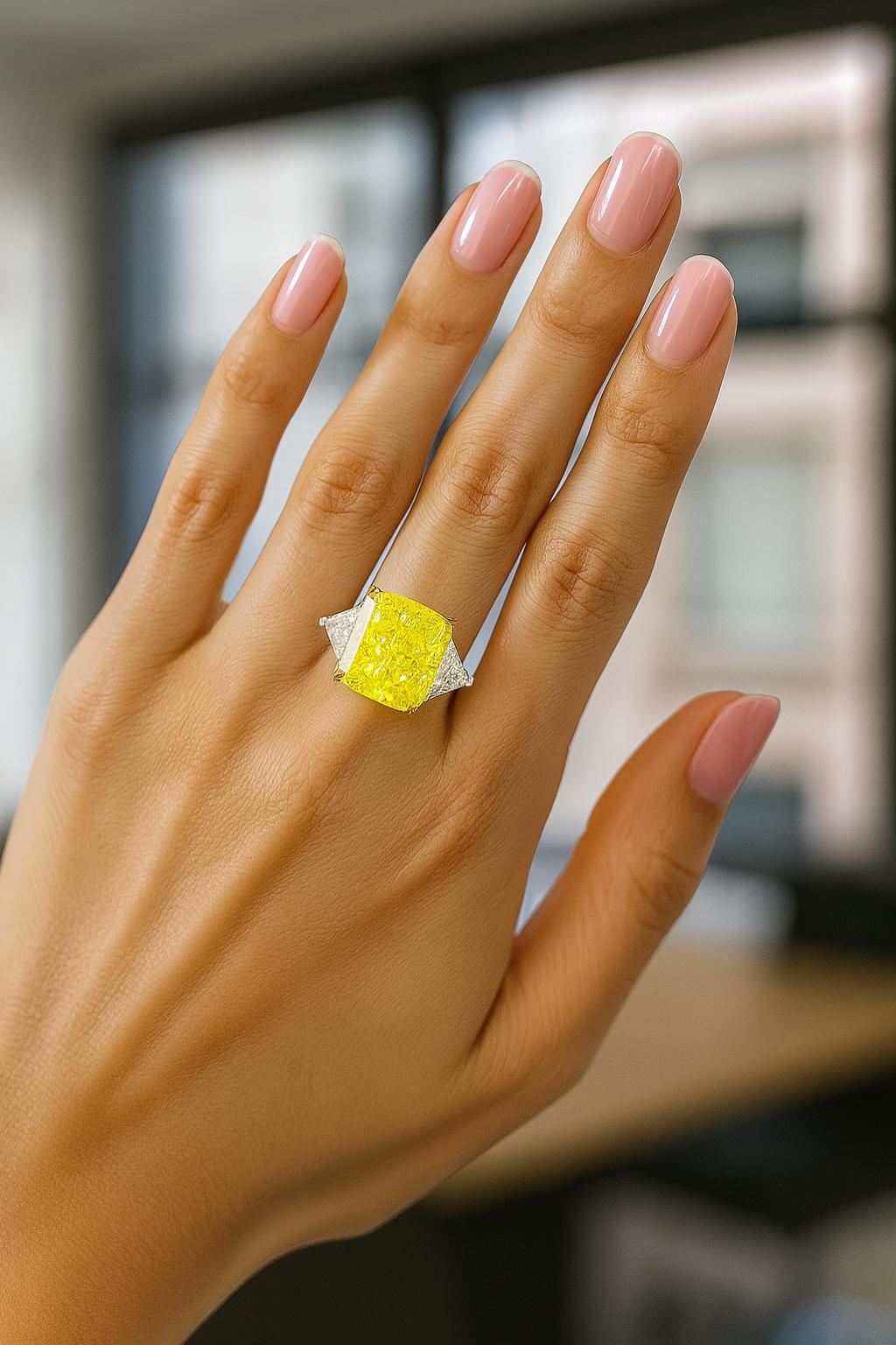 Cushion Cut GIA Certified 4 Carat Cushion Fancy Intense Yellow Diamond Ring For Sale